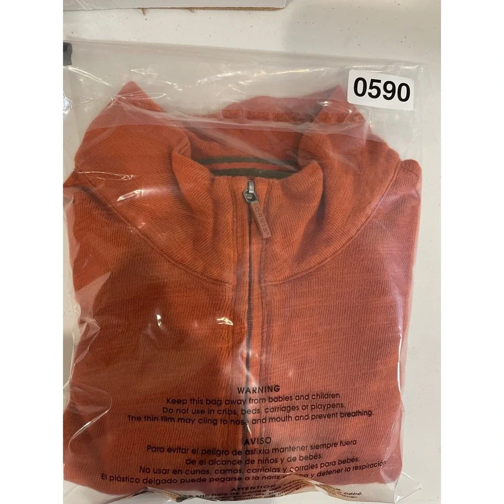 ORVIS Pullover Sweater Men M Orange Quarter Zip Mock Neck Zip 100 Cotton Outdoor